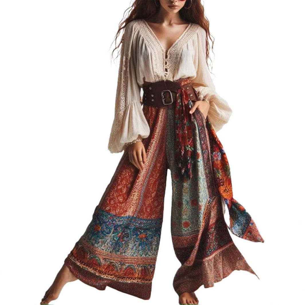 Damen weite Palazzohose mit buntem Mandala-Design und hohem Bund Drune