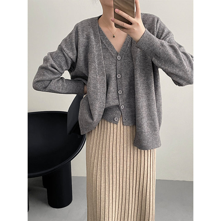 Damen Modische Strickjacke mit V-Ausschnitt und Knopfverschluss Drune