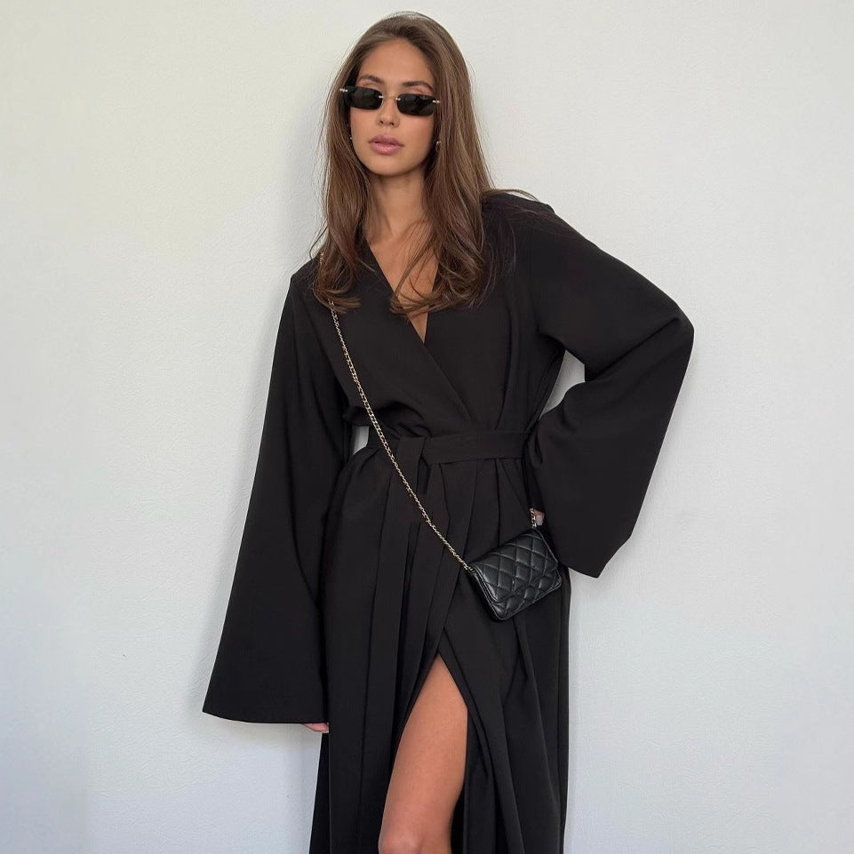 Damen Maxi-Kleid mit schickem V-Ausschnitt und weiten Ärmeln Drune