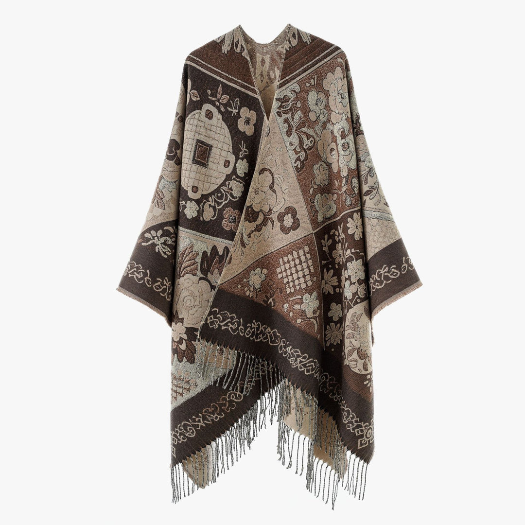 Damen Jacquard‑Gewebter Fransenponcho im Tapisserie‑Look Drune