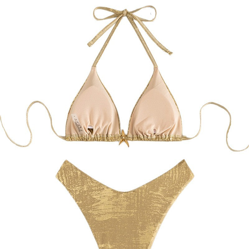 Damen Glänzendes Triangel-Bikini-Set mit verstellbaren Trägern Drune