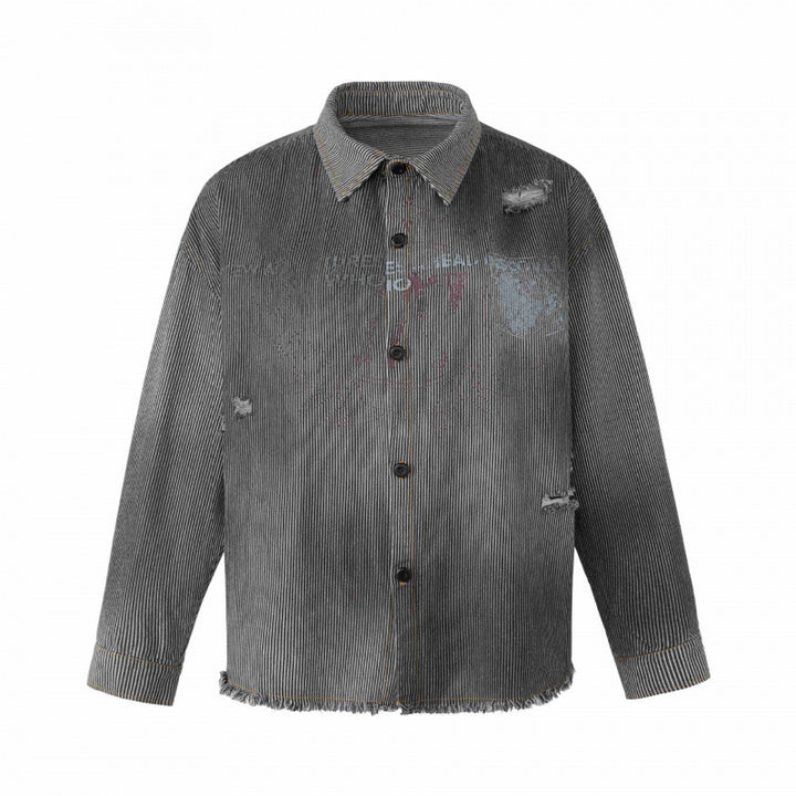 Unisex Kastenförmige Overshirtjacke aus Feincord mit Used‑Effekt, Fransen und Knopfleiste Drune