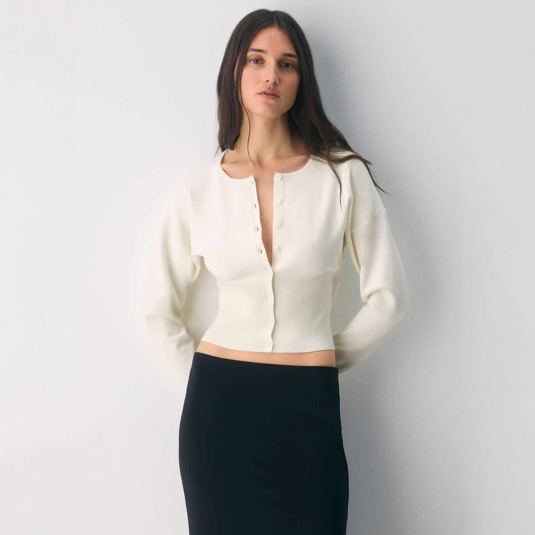 Damen Cropped Strickjacke mit Knopfleiste und Rippstrick Drune