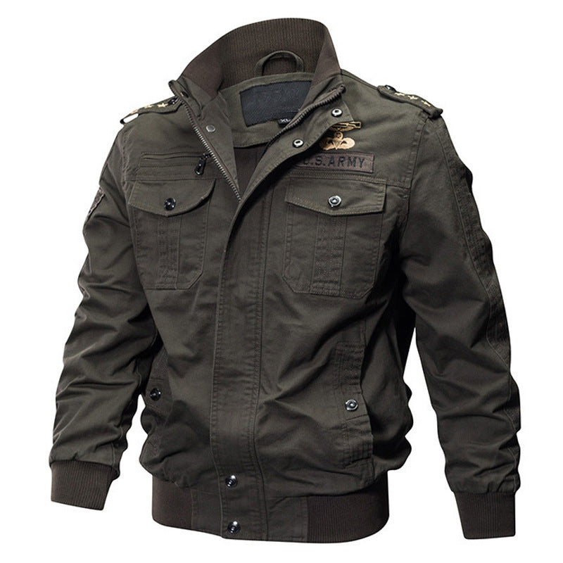 Herren militärisch inspirierte Baumwoll-Canvas-Bomberjacke mit hohem Stehkragen und Brustpattentaschen Drune