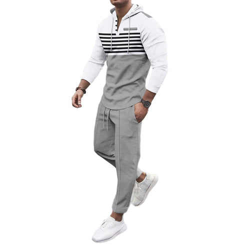Herren nan Henley-Kapuzen-Lounge-Set mit Streifenpasse, Halbknopfleiste und konischer Jogginghose Drune