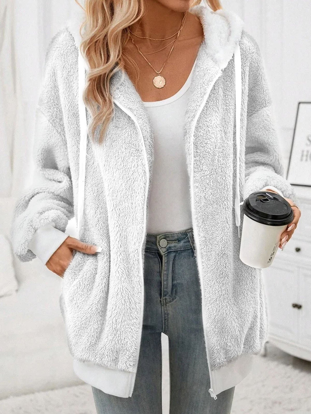 Damen Kuschelige Teddy-Fleece-Kapuzenjacke mit Reißverschluss und Oversized-Schnitt Drune
