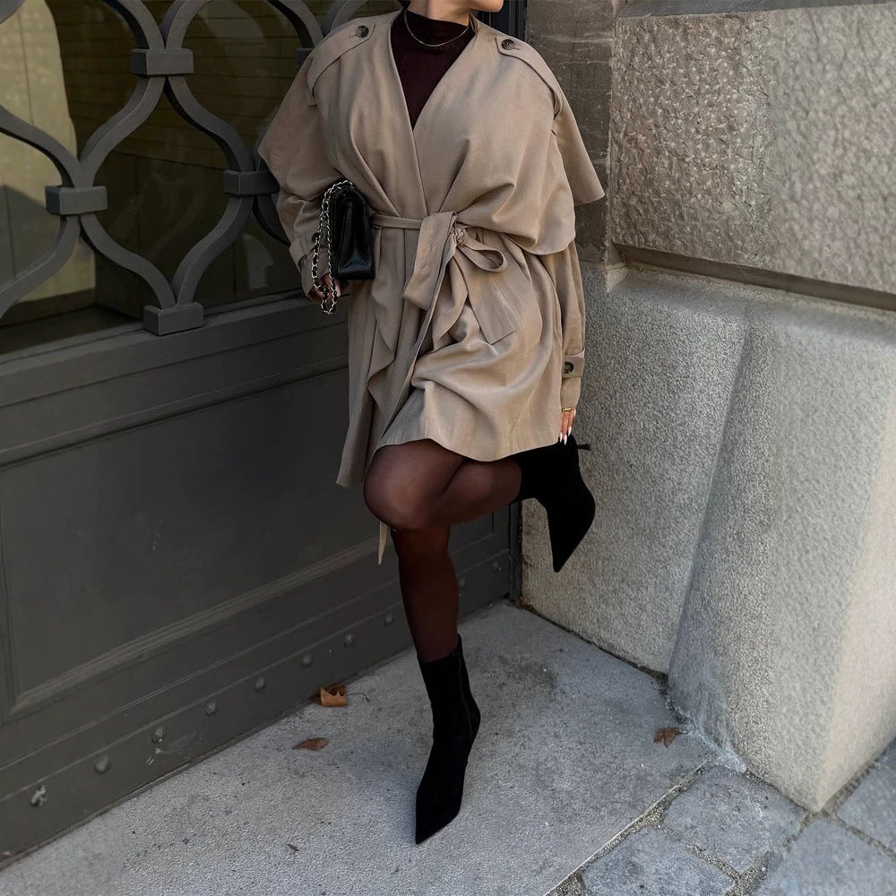 Damen Kurzer Asymmetrischer Wickelmantel mit Volant-Overlay und Bindegürtel Drune