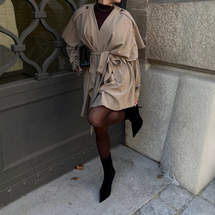 Damen Kurzer Asymmetrischer Wickelmantel mit Volant-Overlay und Bindegürtel Drune