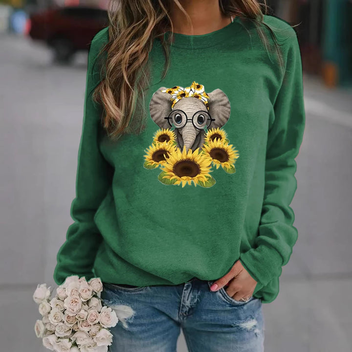 Damen-Sweatshirt mit Elefantenprint, Sonnenblumenmotiv und weichem Fleece Drune