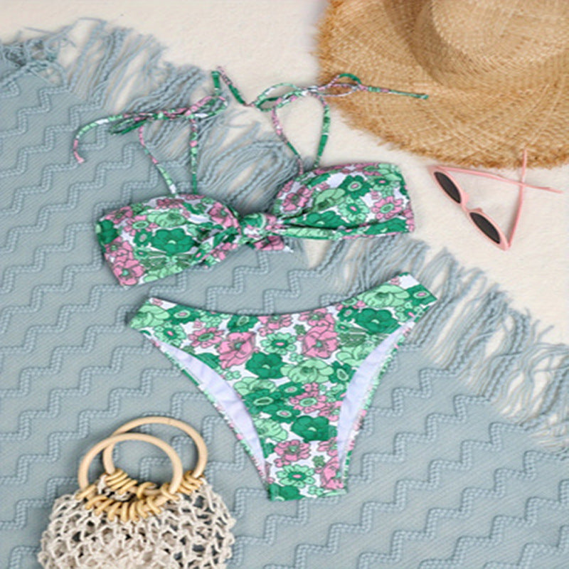Damen Triangel-Bikini mit floralem Muster und verstellbarem Knoten Drune