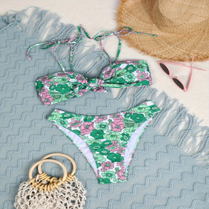 Damen Triangel-Bikini mit floralem Muster und verstellbarem Knoten Drune