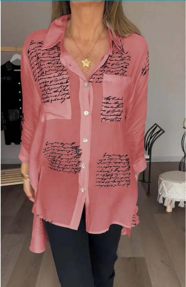 Damen Oversize Hemd Bluse aus leichtem Chiffon mit Text-Patch-Druck und aufgenähter Brusttasche Drune
