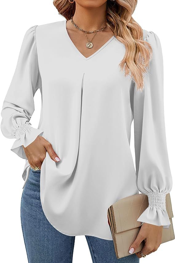 Damen elegante Bluse mit V-Ausschnitt und voluminösen Ärmeln Drune