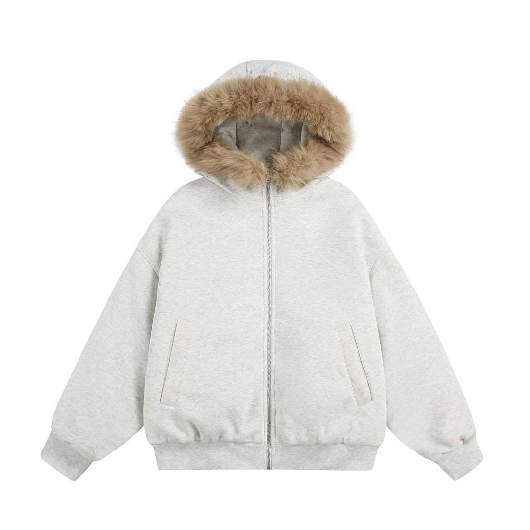 Damen Kurzboxy Kapuzenblouson aus French‑Terry mit voluminöser Kunstfellkante Drune