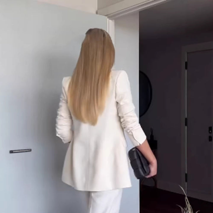 Damen Figurnaher Doppelreihiger Longblazer mit leichtem Schulterpolster und cleanem Revers Drune
