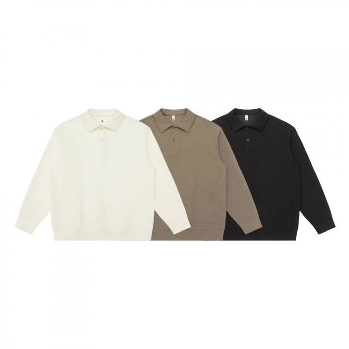 Unisex Langärmliger Strick-Poloshirt-Pullover mit Boxy‑Fit und Waffelstruktur Drune