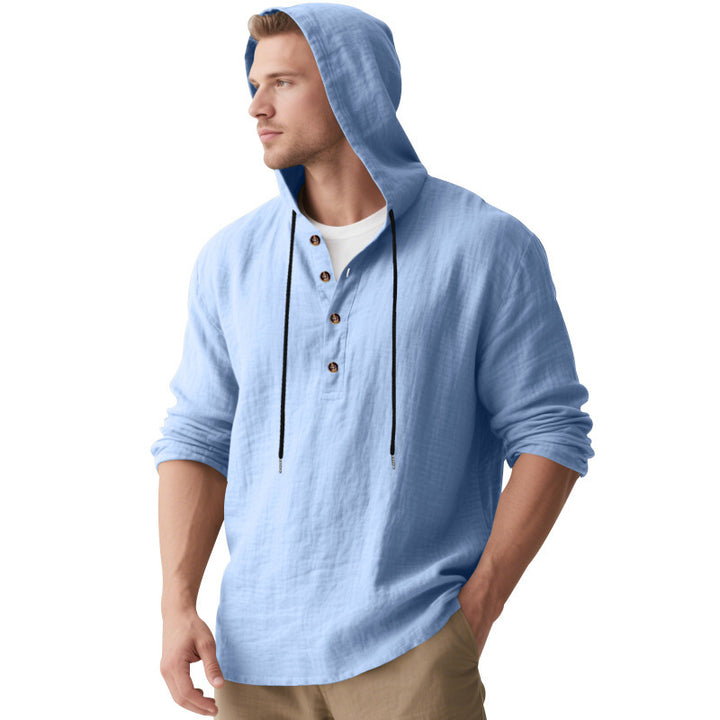 Herren nan lässiges Kapuzen-Henley Leinenmix Overshirt mit Kordelzug Drune