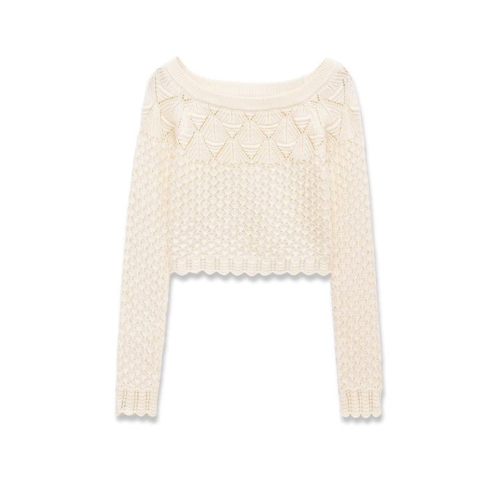 Damen Gestricktes Cropped-Feinstrickoberteil mit Lochmuster und U-Boot-Ausschnitt Drune