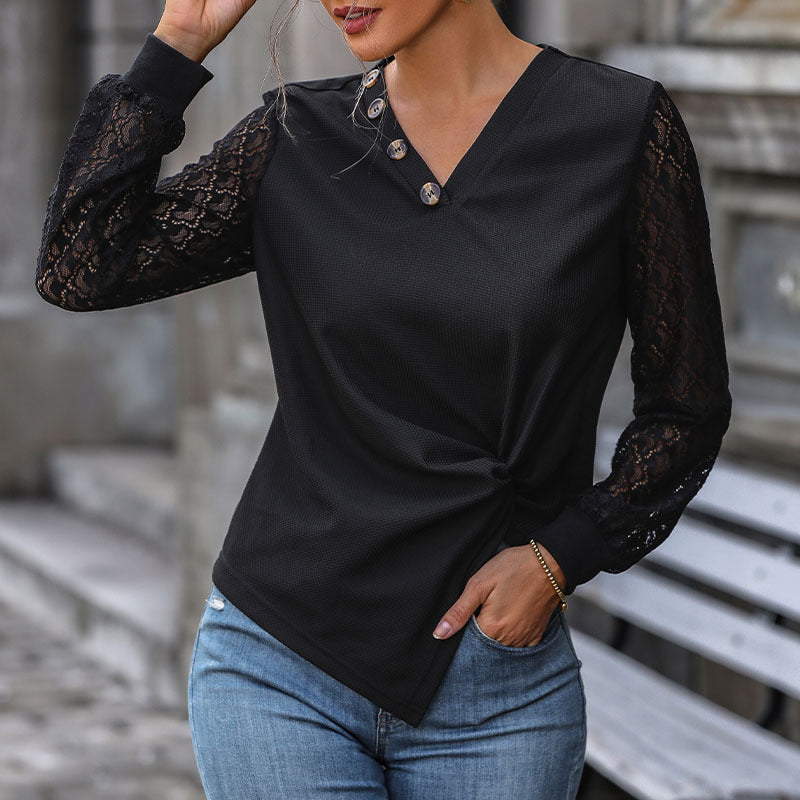Damen V-Ausschnitt Blusenshirt mit Spitzenärmeln, asymmetrischer Knopfleiste und Knotenfront Drune
