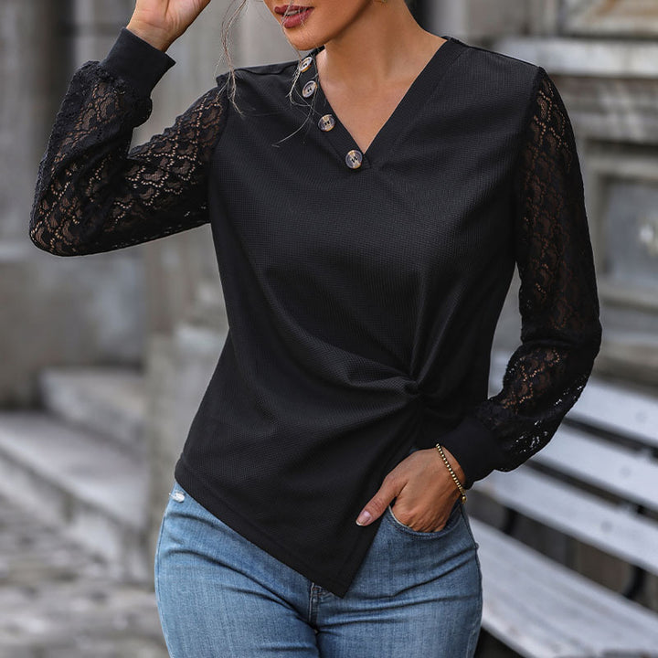 Damen V-Ausschnitt Blusenshirt mit Spitzenärmeln, asymmetrischer Knopfleiste und Knotenfront Drune
