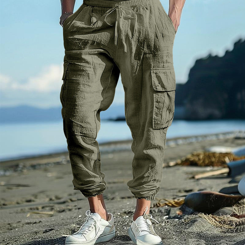 Herren nan lässige Cargohose im Joggerstil mit Crinkle-Leinenoptik Kordelbund und Mehrfachtaschen Drune