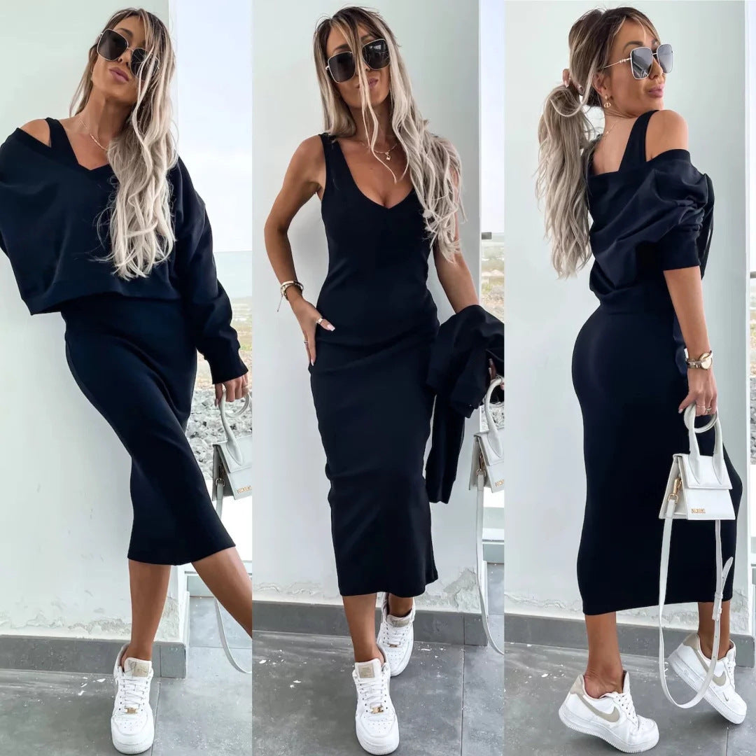 Damen weiches geripptes Lounge-Set mit Oversize-Viskoseshirt und High-Waist Schlaghose Drune