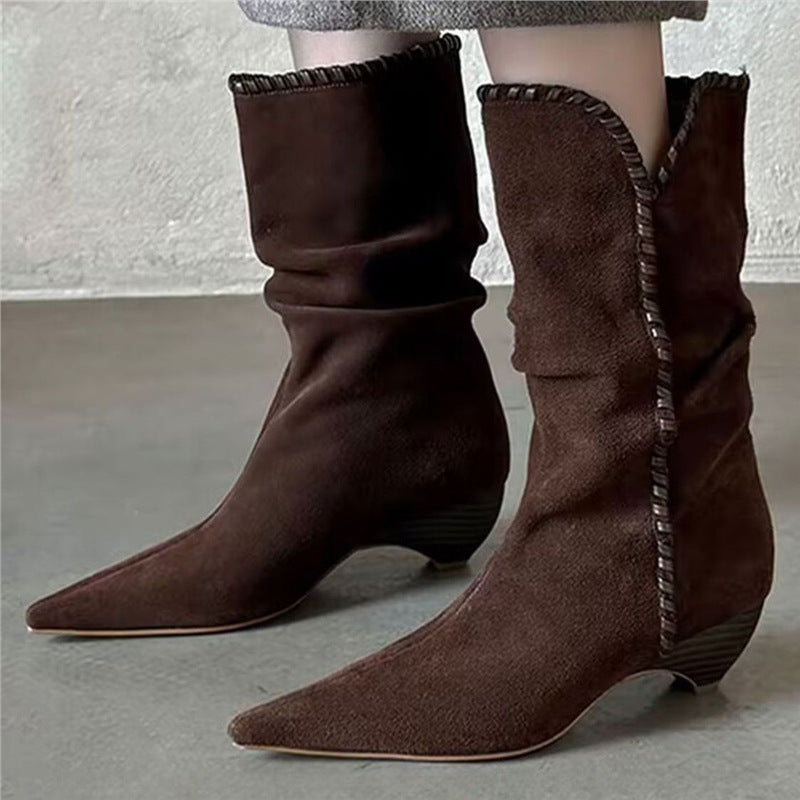 Damen Midcalf Slouch‑Stiefel aus Veloursleder mit spitzer Zehenpartie und sculpted Kitten‑Absatz Drune