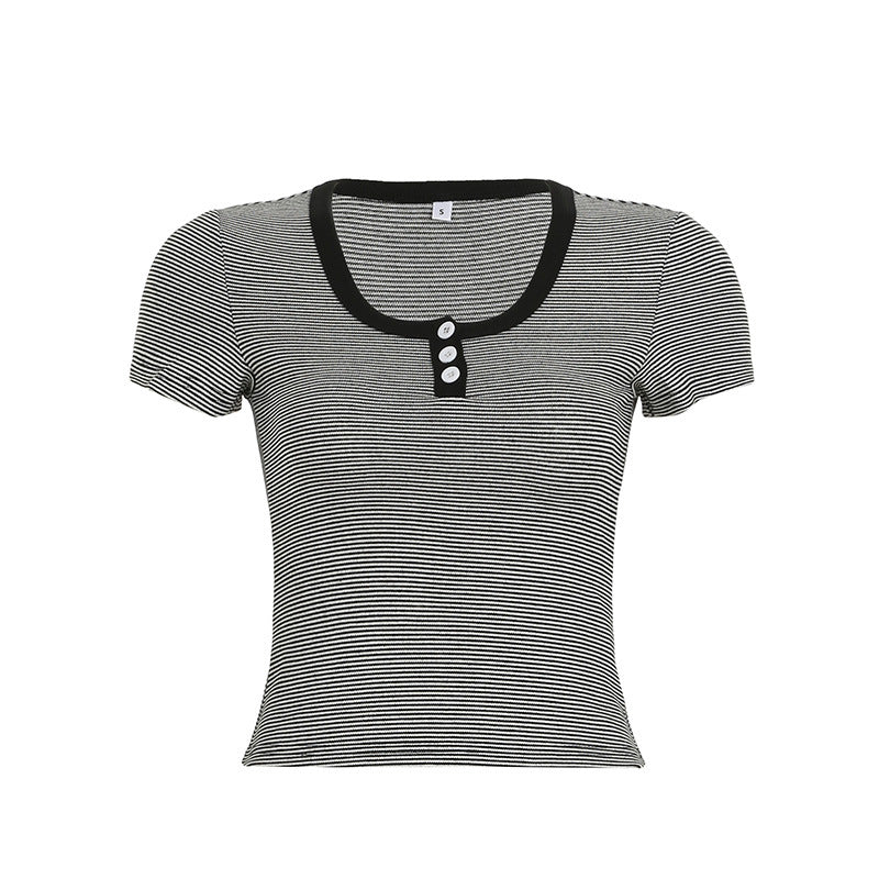 Damen Kurzarmshirt mit modischem Streifenmuster und dekorativen Knöpfen Drune