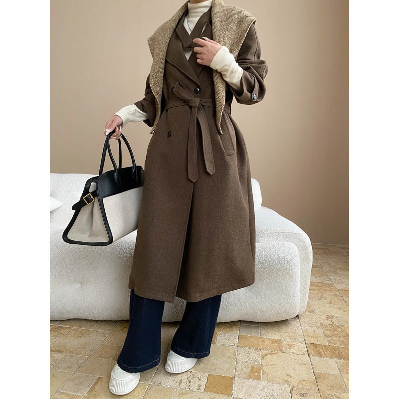 Damen eleganter langer Mantel mit abnehmbarem Kragen und Taschen Drune