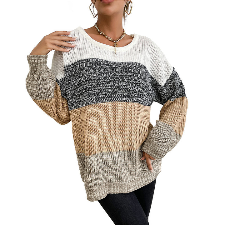 Damen Oversize Farbblock Strickpullover mit Rundhalsausschnitt und Rippbündchen Drune