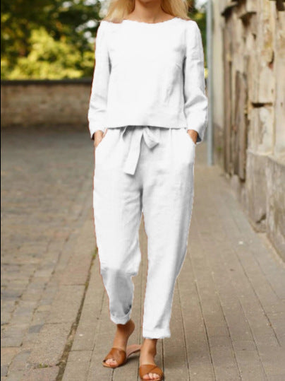 Damen Lässiges Leinen-Loungewear-Set mit Rundhalsausschnitt, Bindegürtel und knöchellanger Hose Drune