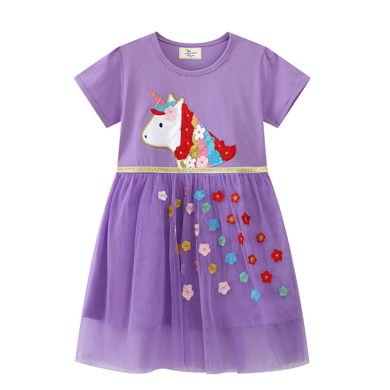 Mädchen Tüllkleid mit bunten Einhorn- und Blumenapplikationen Drune