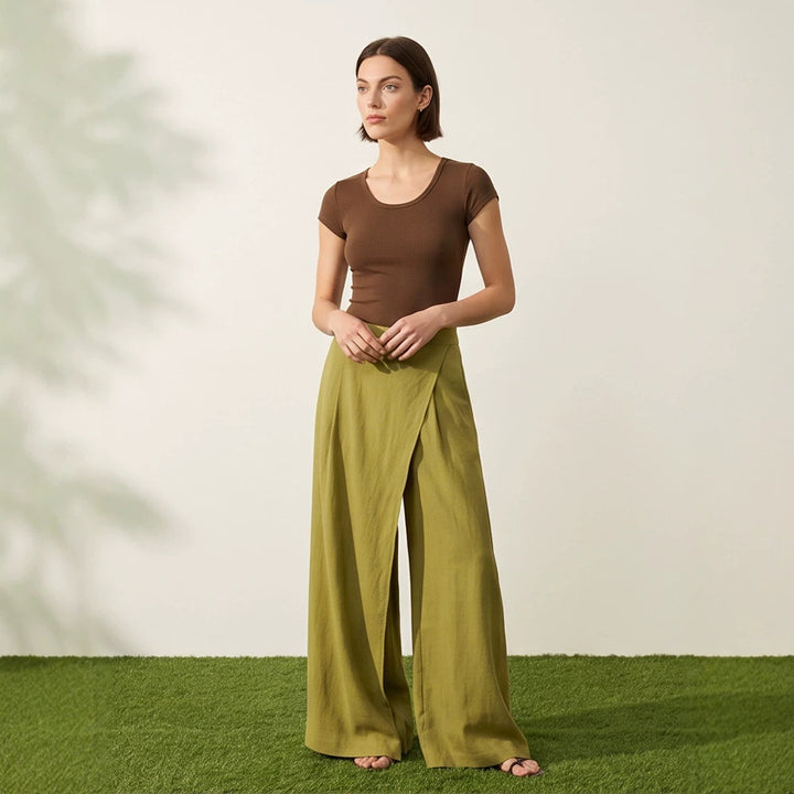 Damen High‑Waist Wickel‑Palazzohose mit weitem Bein und fließender Leinenoptik Drune