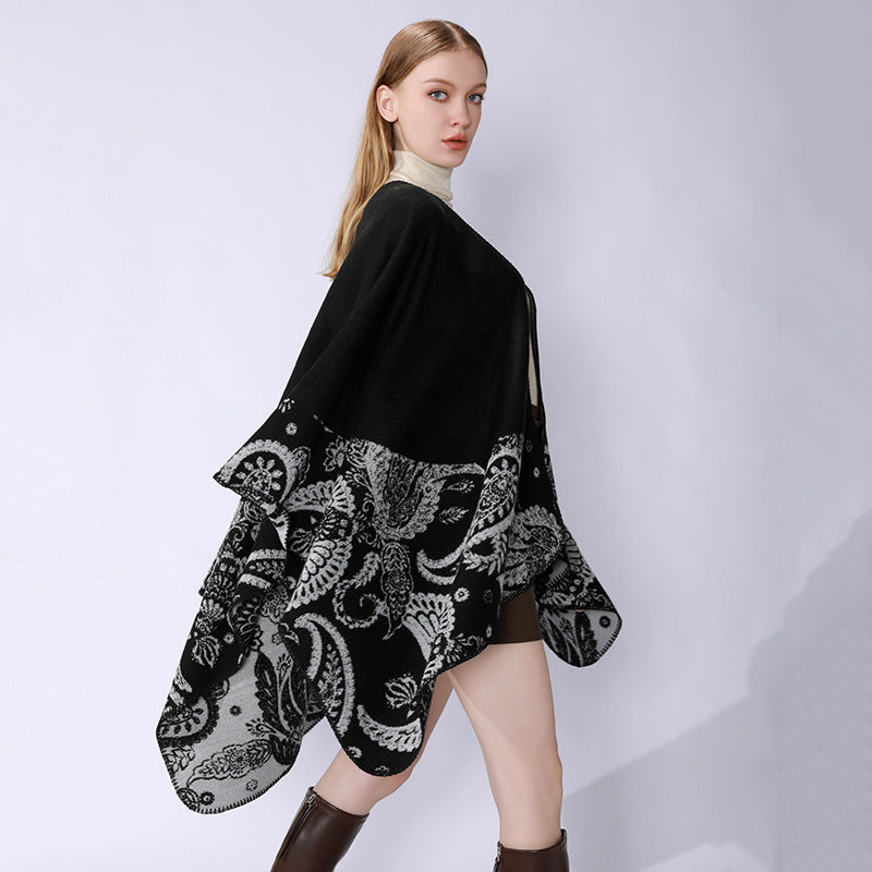 Damen Reversibler Jacquard-Capeponcho aus Wollmix mit Paisley-Motiv und offenem Fall Drune