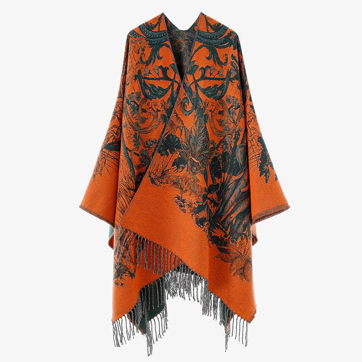 Damen Gefütterter Jacquard-Capeponcho mit floralem Barockmuster und Fransen Drune