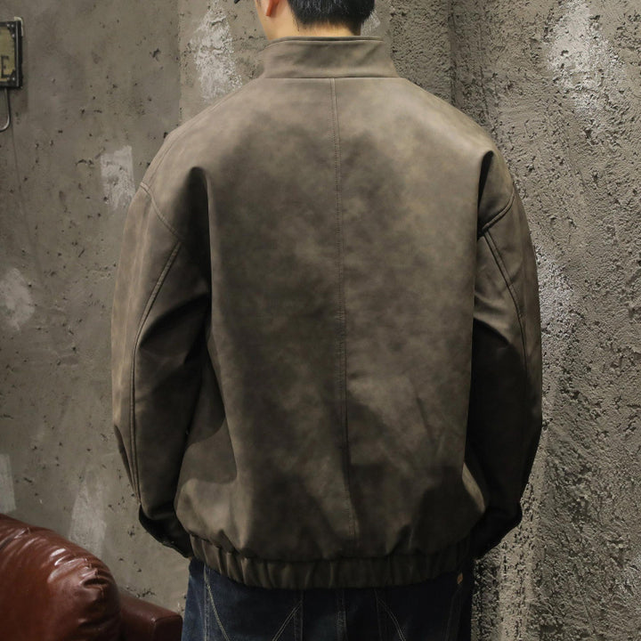 Herren Boxy Lederoptik-Blouson mit verdeckter Reißverschlussleiste, Stehkragen und elastischem Bund Drune