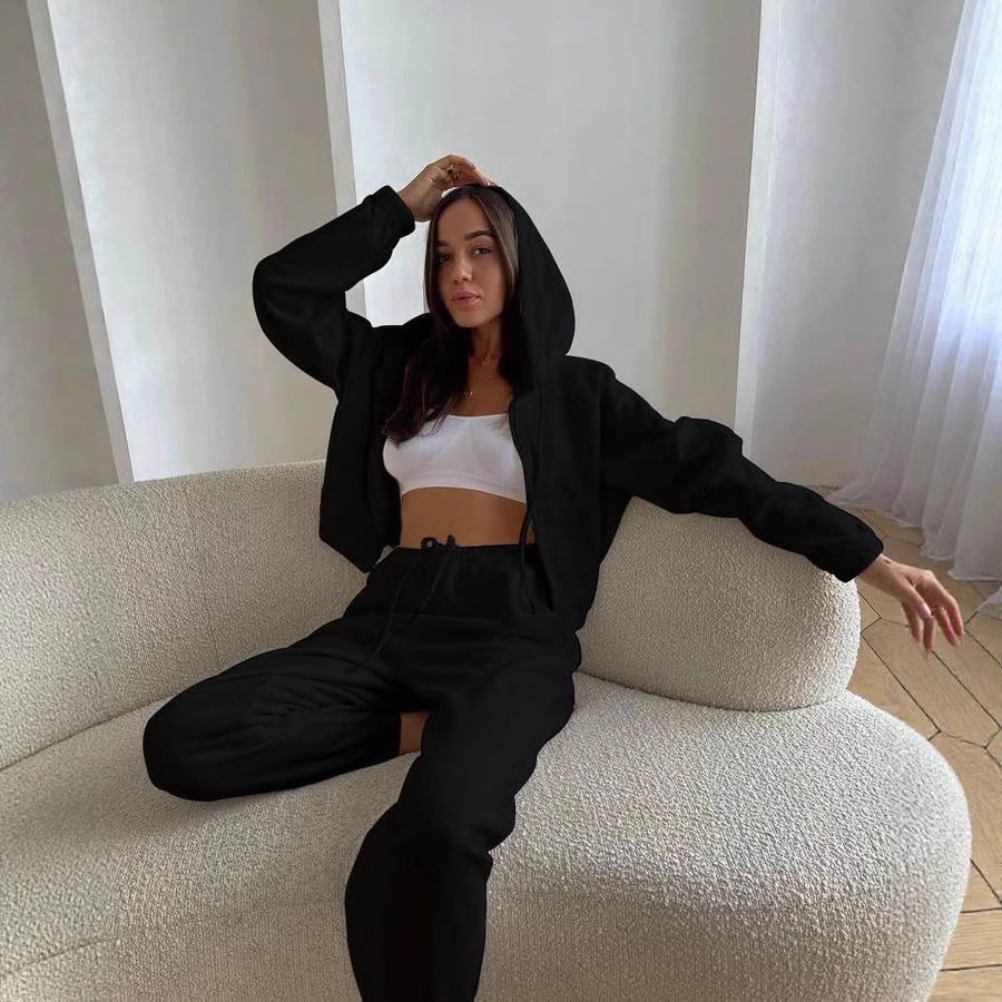 Damen kurzes Reißverschluss-Hoodie mit elastischem Bund und High-Waist Jogginghose aus Baumwollmix Drune