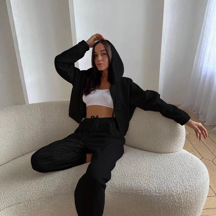 Damen kurzes Reißverschluss-Hoodie mit elastischem Bund und High-Waist Jogginghose aus Baumwollmix Drune