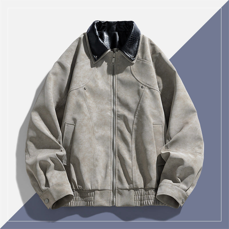 Herren Modische Kunstlederjacke mit Stehkragen Drune