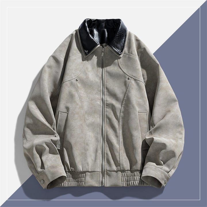 Herren Modische Kunstlederjacke mit Stehkragen Drune