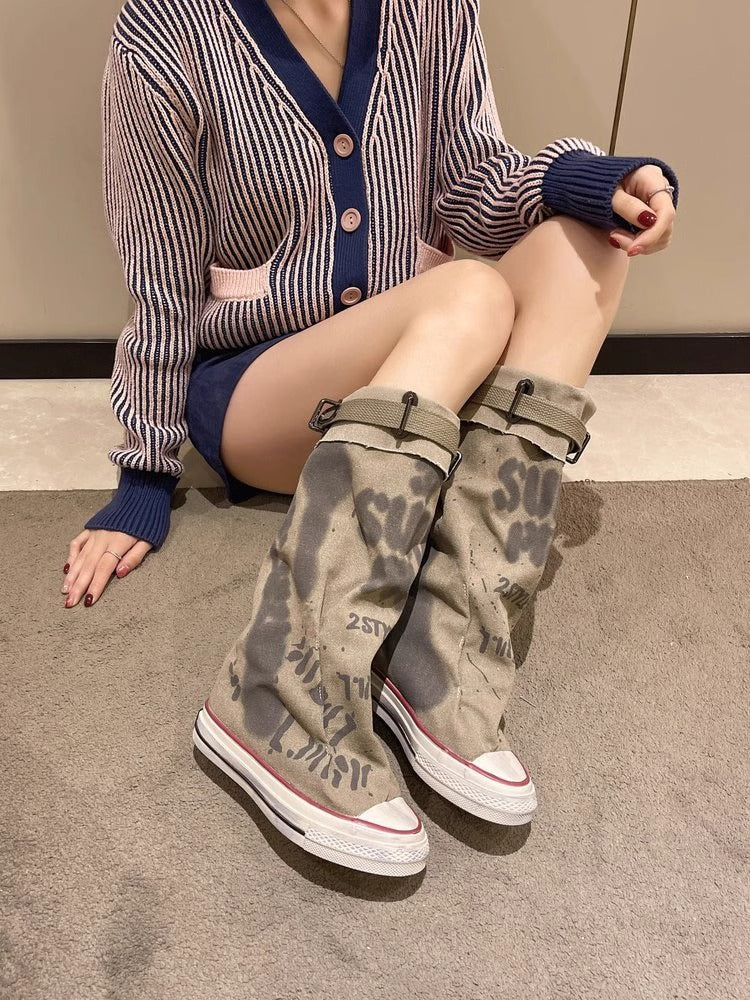 Damen Lässige Canvas-Plateau-Sneaker mit geschlitztem Schaft und Schnallenriemen Drune