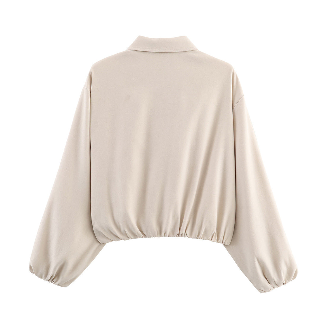 Damen nan cropped Blousonjacke mit Ballonärmeln elastischem Saum und Hemdkragen Drune