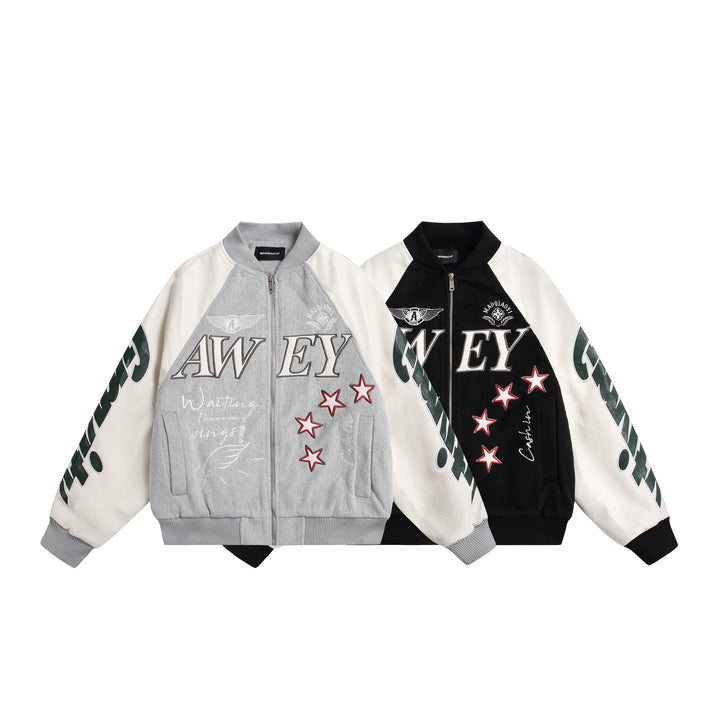 Unisex Varsity-Bomberjacke im Materialmix mit Stick- und Applikationsdetails Drune