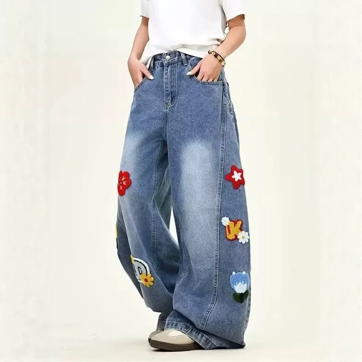 Damen Weitgeschnittene Blumen-Applikationen Jeans Drune