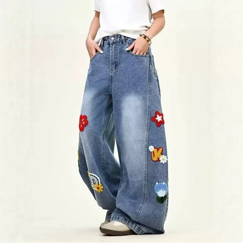 Damen Weitgeschnittene Blumen-Applikationen Jeans Drune