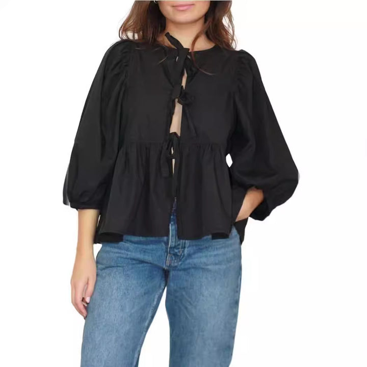 Damen elegante Bluse mit Rüschendetails und Bindeband Drune
