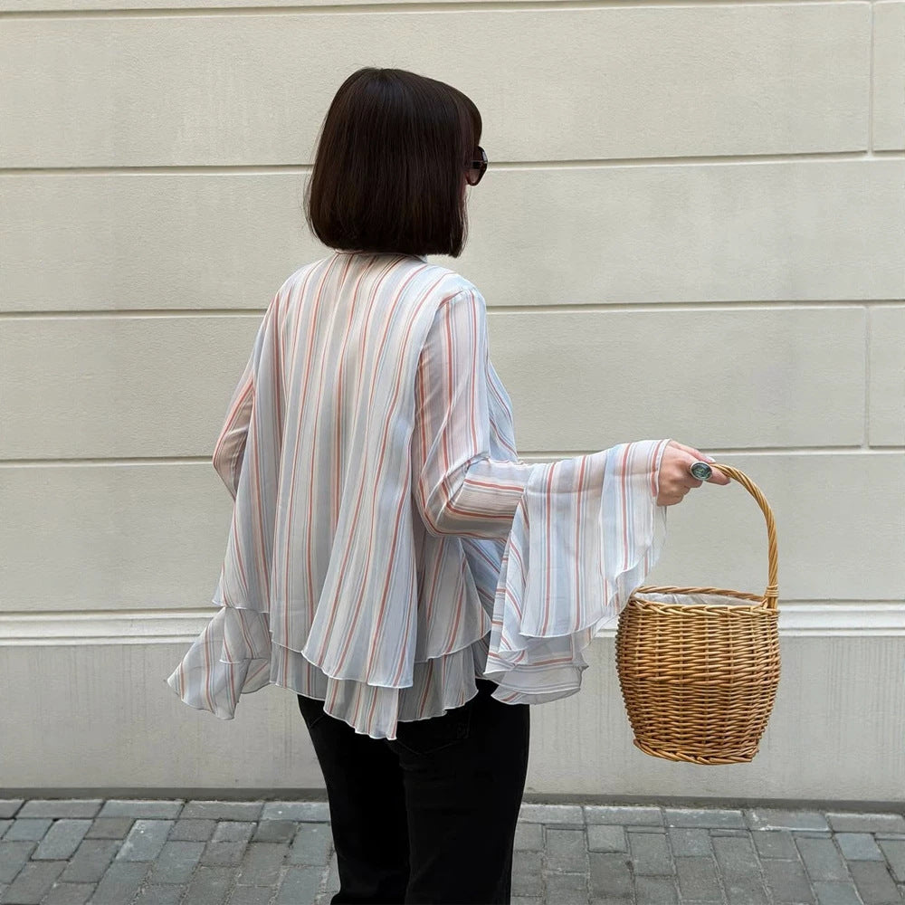 Damen Gestreifte Chiffon-Bluse mit Bindeschleife, Volant-Saum & Glockenärmeln Drune