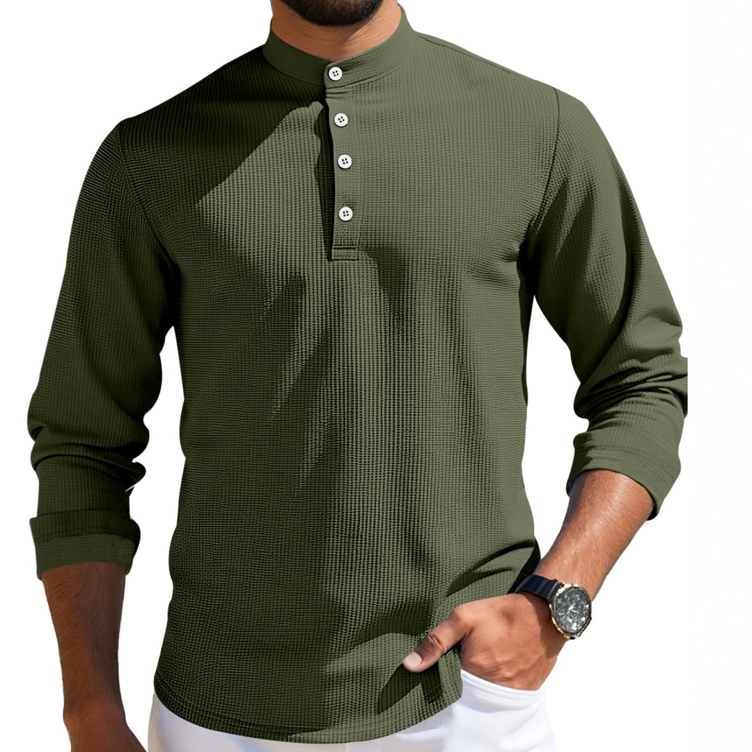 Herren nan strukturiertes Langarm-Henley mit Nehru-Kragen und Ton-in-Ton-Knopfleiste Drune