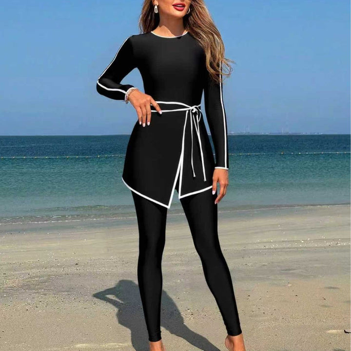 Damen modischer Langarm-Schwimmanzug mit Wickelrock Drune