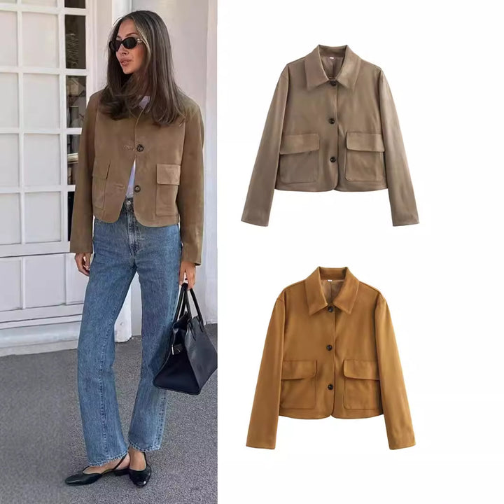 Damen nan cropped Hemdblouson aus Mikrofaser‑Velours mit großen Klappentaschen Drune
